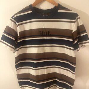 Huf Worldwide White, Blue and Brown Stripped Skate T-Shirt, Unisex, Medium